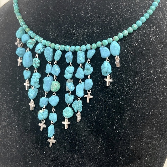 Turquoise Choker Necklace With Sterling Silver Crosses and Clasp Adjustable. - Picture 5 of 9